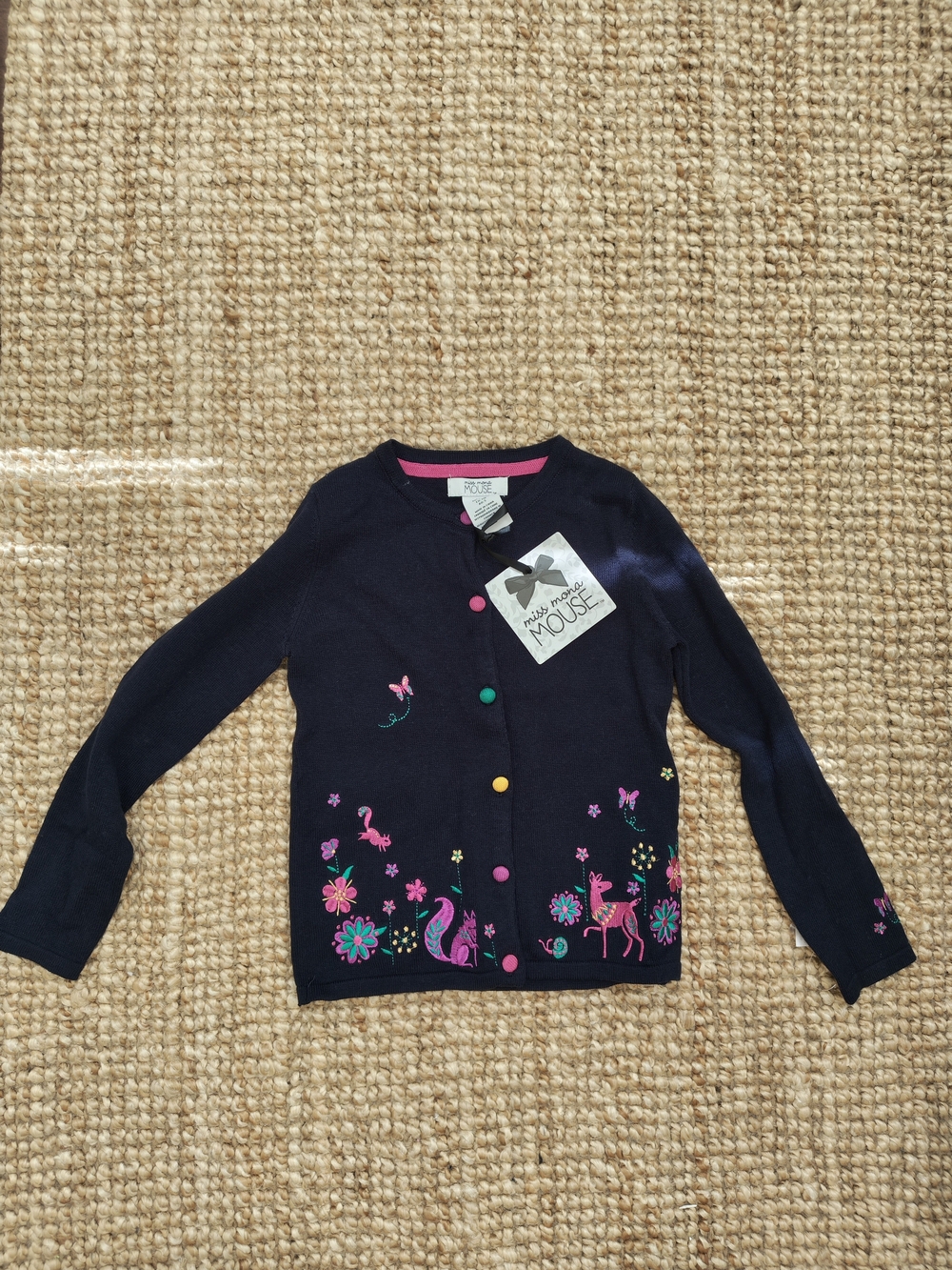 Navy Girls Cardigan with Floral & Animal Embroidery